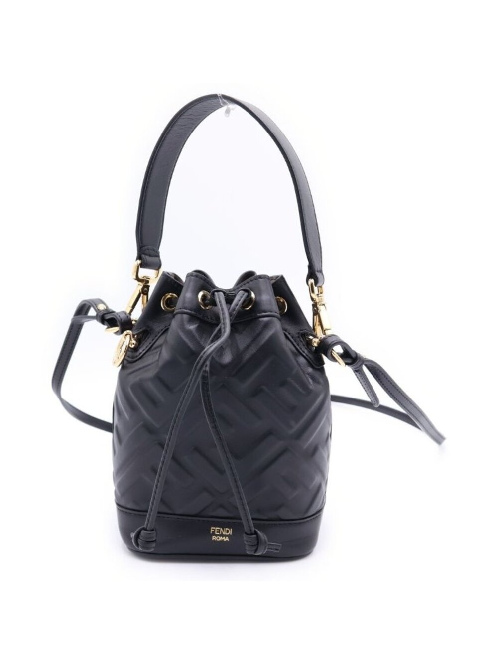Fendi Montresor Mini Shoulder Bag Drawstring Black Leather Gold